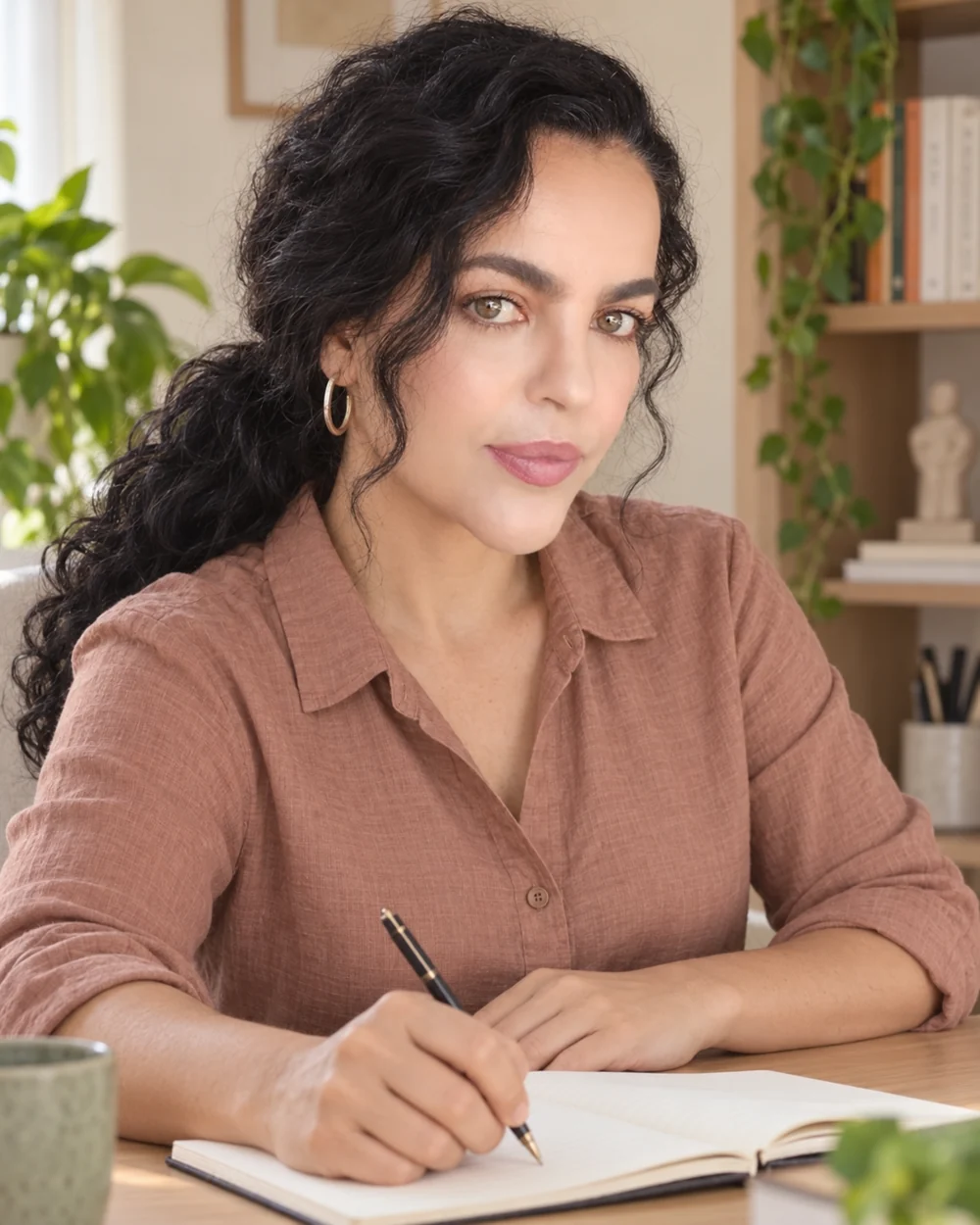 Tatiane Nonato à mesa, com um caderno, em retrato profissional.